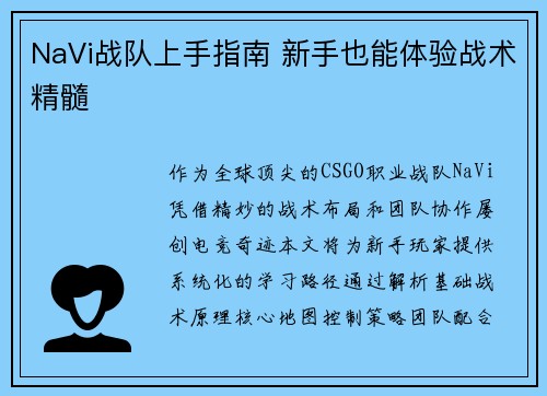 NaVi战队上手指南 新手也能体验战术精髓