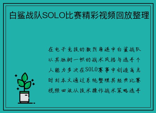 白鲨战队SOLO比赛精彩视频回放整理